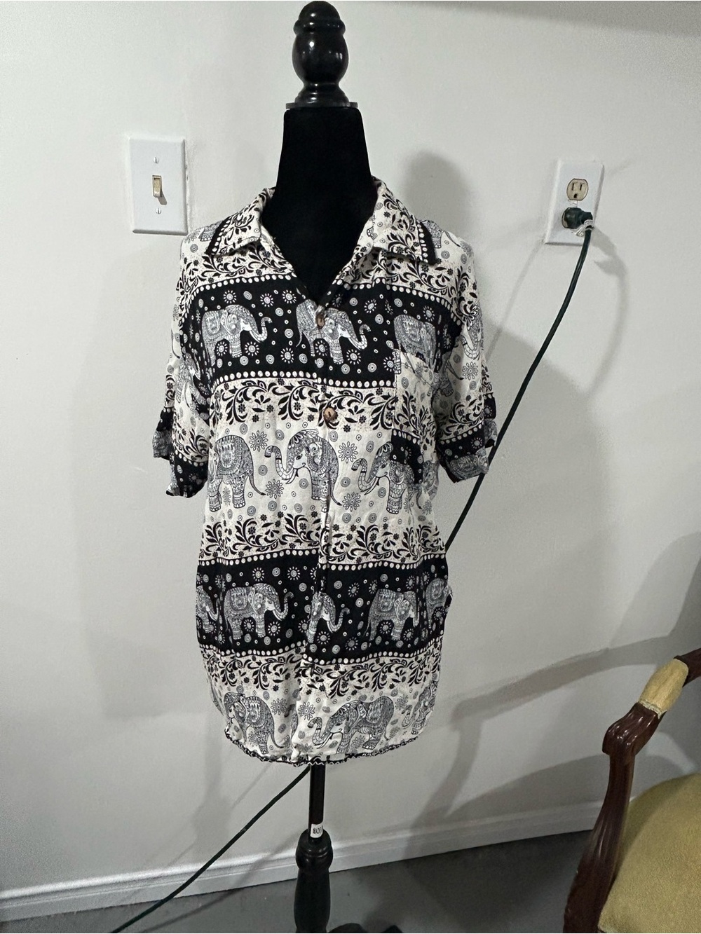 Black & White Elephant Print Button-Up Shirt